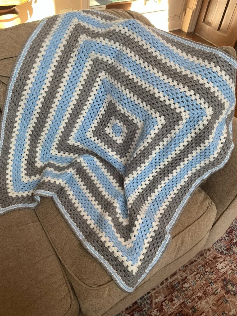 Giant Granny Square Blanket Afghan Handmade Baby Gift Crochet Blue & Gray 36x38